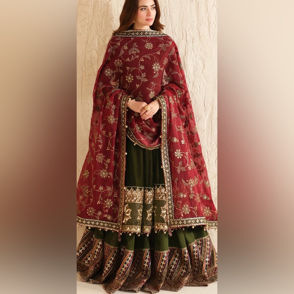 Embroidered Maroon & Olive Traditional Dress bust 44 heavy wedding outfit